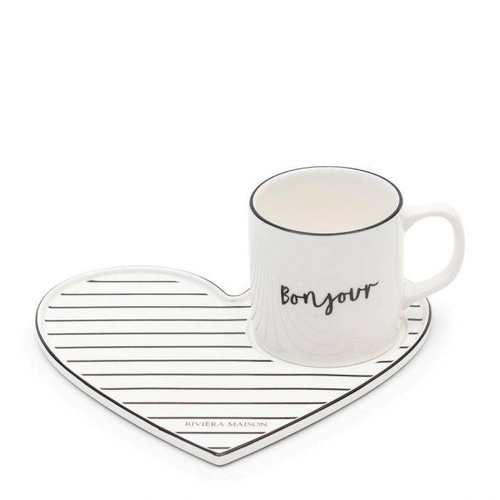 Riviera Maison Kubek z talerzykiem Bonjour Lovely Cup & Saucer porcelana biały 200ml