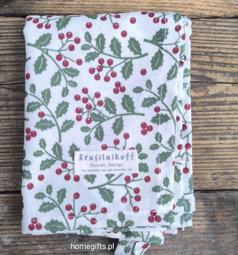 Ręcznik kuchenny świąteczny Ostrokrzew Krasilnikoff Danish Design kolor biały/bordowy/zielony 50x70cm 100% bawełna
