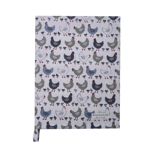 Ręcznik kuchenny Kury i kurczaki niebieski Chickens Blue Krasilnikoff Danish Design kolor szary/ biały/ beżowy /niebieski 50x70cm 100% bawełna