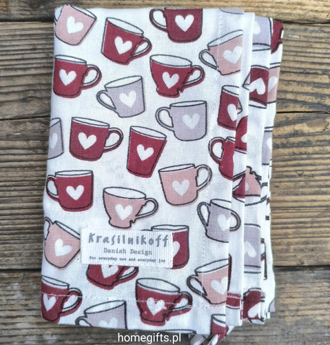 Ręcznik kuchenny Kubki w serca czerwony Mugs Red Krasilnikoff Danish Design kolor czerwony/ biały/beżowy 50x70cm 100% bawełna