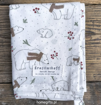 Ręcznik kuchenny świąteczny polarne misie Krasilnikoff Danish Design kolor biały/brązowy/zielony 50x70cm 100% bawełna