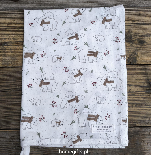 Ręcznik kuchenny świąteczny polarne misie Krasilnikoff Danish Design kolor biały/brązowy/zielony 50x70cm 100% bawełna 
