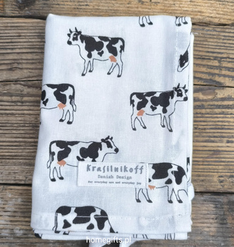 Ręcznik kuchenny z motywem Krowy Krasilnikoff Danish Design kolor czarny/ biały/różowy 50x70cm 100% bawełna