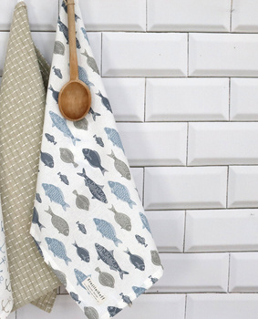 Ręcznik kuchenny Ryby Fish Krasilnikoff Danish Design kolor błękitny/ biały/ szary 50x70cm 100% bawełna