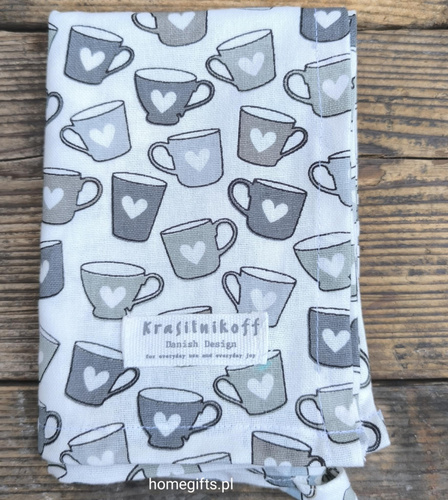 Ręcznik kuchenny Kubki w serca szary Mugs Grey Krasilnikoff Danish Design kolor szary/grafitowy 50x70cm 100% bawełna