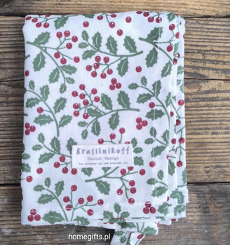 Ręcznik kuchenny świąteczny Ostrokrzew Krasilnikoff Danish Design kolor biały/bordowy/zielony 50x70cm 100% bawełna