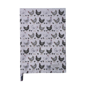 Ręcznik kuchenny Kury i kurczaki szary Chickens Grey Krasilnikoff Danish Design kolor szary/ biały/ grafitowy 50x70cm 100% bawełna