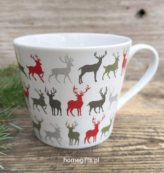 Kubek świąteczny wesołe jelonki Krasilnikoff Danish Design  porcelana kolor biały/czerwony/zielony/szary 350ml