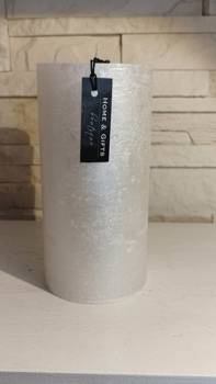 Świeca dekoracyjna walec Metalic biała perłowa metaliczny połysk 20x10cm czas palenia około 170h