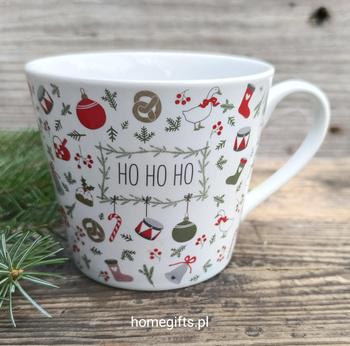 Kubek świąteczny HO HO HO Krasilnikoff Danish Design porcelana kolor biały/czerwony/zielony/szary 350ml