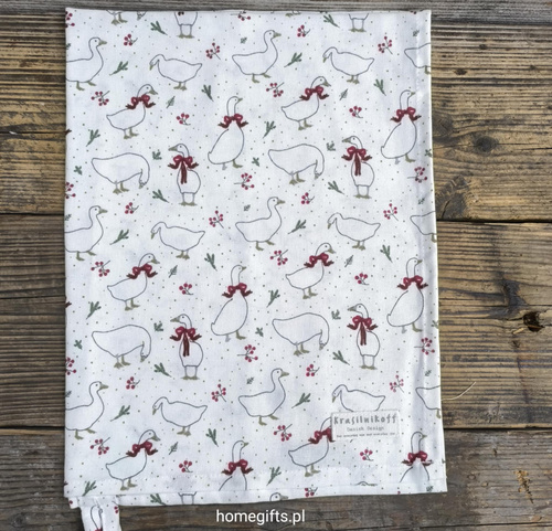 Ręcznik kuchenny świąteczny Gęsi Krasilnikoff Danish Design kolor biały/bordowy/zielony 50x70cm 100% bawełna