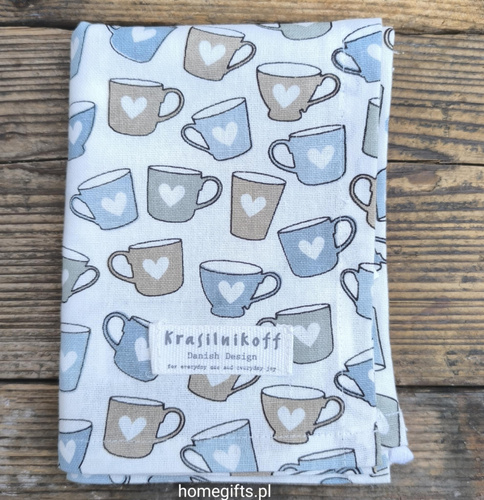 Ręcznik kuchenny Kubki w serca błękitny Mugs Blue Krasilnikoff Danish Design kolor błękitny/biały/beżowy 50x70cm 100% bawełna