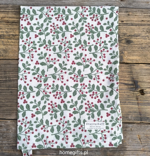 Ręcznik kuchenny świąteczny Ostrokrzew Krasilnikoff Danish Design kolor biały/bordowy/zielony 50x70cm 100% bawełna
