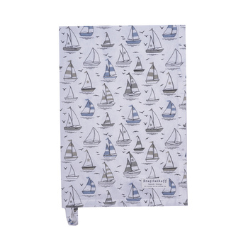 Ręcznik kuchenny Nad Żaglówki Boats Krasilnikoff Danish Design kolor niebieski/ biały/ szary / beżowy 50x70cm 100% bawełna