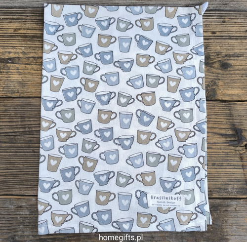 Ręcznik kuchenny Kubki w serca błękitny Mugs Blue Krasilnikoff Danish Design kolor błękitny/biały/beżowy 50x70cm 100% bawełna