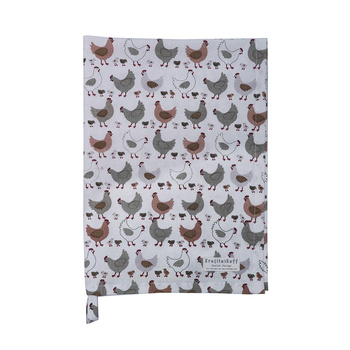 Ręcznik kuchenny Kury i kurczaki różowy Chickens Rose Krasilnikoff Danish Design kolor szary/ biały/ beżowy / różowy 50x70cm 100% bawełna