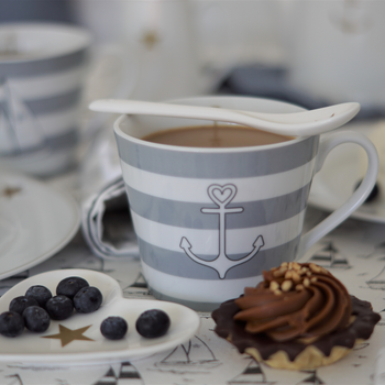 Kubek Porcelanowy Krasilnikoff Kotwica z szarymi pasami Anchor with grey stripwes H9cm 350ml