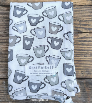 Ręcznik kuchenny Kubki w serca szary Mugs Grey Krasilnikoff Danish Design kolor szary/grafitowy 50x70cm 100% bawełna