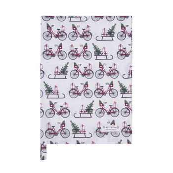 Ręcznik kuchenny świąteczny Bike Sled Krasilnikoff Danish Design kolor czerwony/ biały/ zielony 50x70cm 100% bawełna