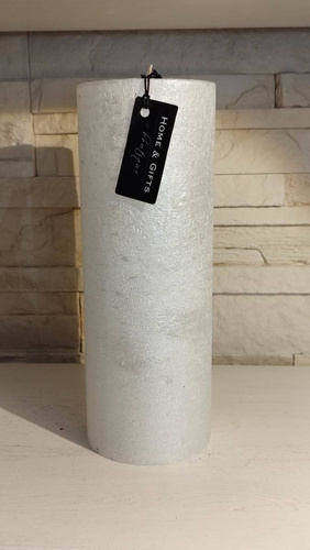 Świeca dekoracyjna walec Metalic biała perłowa metaliczny połysk 27x10cm czas palenia około 215h