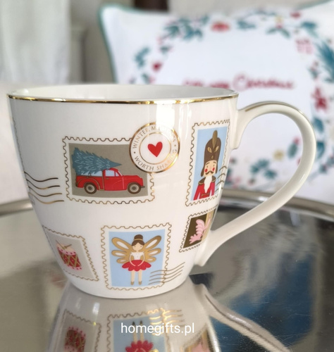 Kubek świąteczny porcelanowy Greengate Mug Xmas letter white 9x10cm kolor biały 300ml