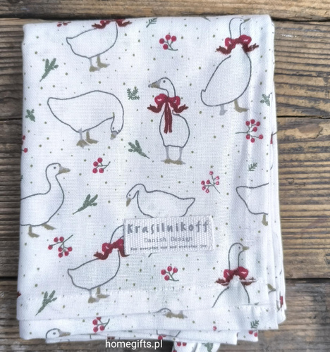 Ręcznik kuchenny świąteczny Gęsi Krasilnikoff Danish Design kolor biały/bordowy/zielony 50x70cm 100% bawełna