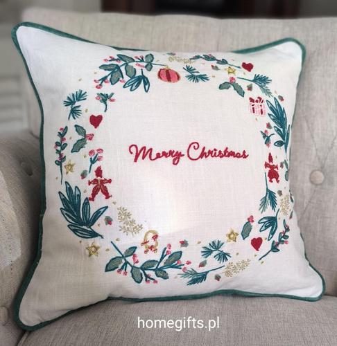 Poszewka świąteczna na poduszkę Merry Christmas Greengate Cushion cover Didina white 40x40cm  bawełnakolor biały/zielony