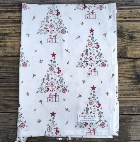 Ręcznik kuchenny świąteczny z choinką Krasilnikoff Danish Design kolor biały/bordowy/zielony 50x70cm 100% bawełna