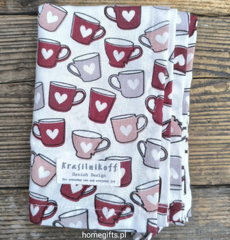 Ręcznik kuchenny Kubki w serca czerwony Mugs Red Krasilnikoff Danish Design kolor czerwony/ biały/beżowy 50x70cm 100% bawełna